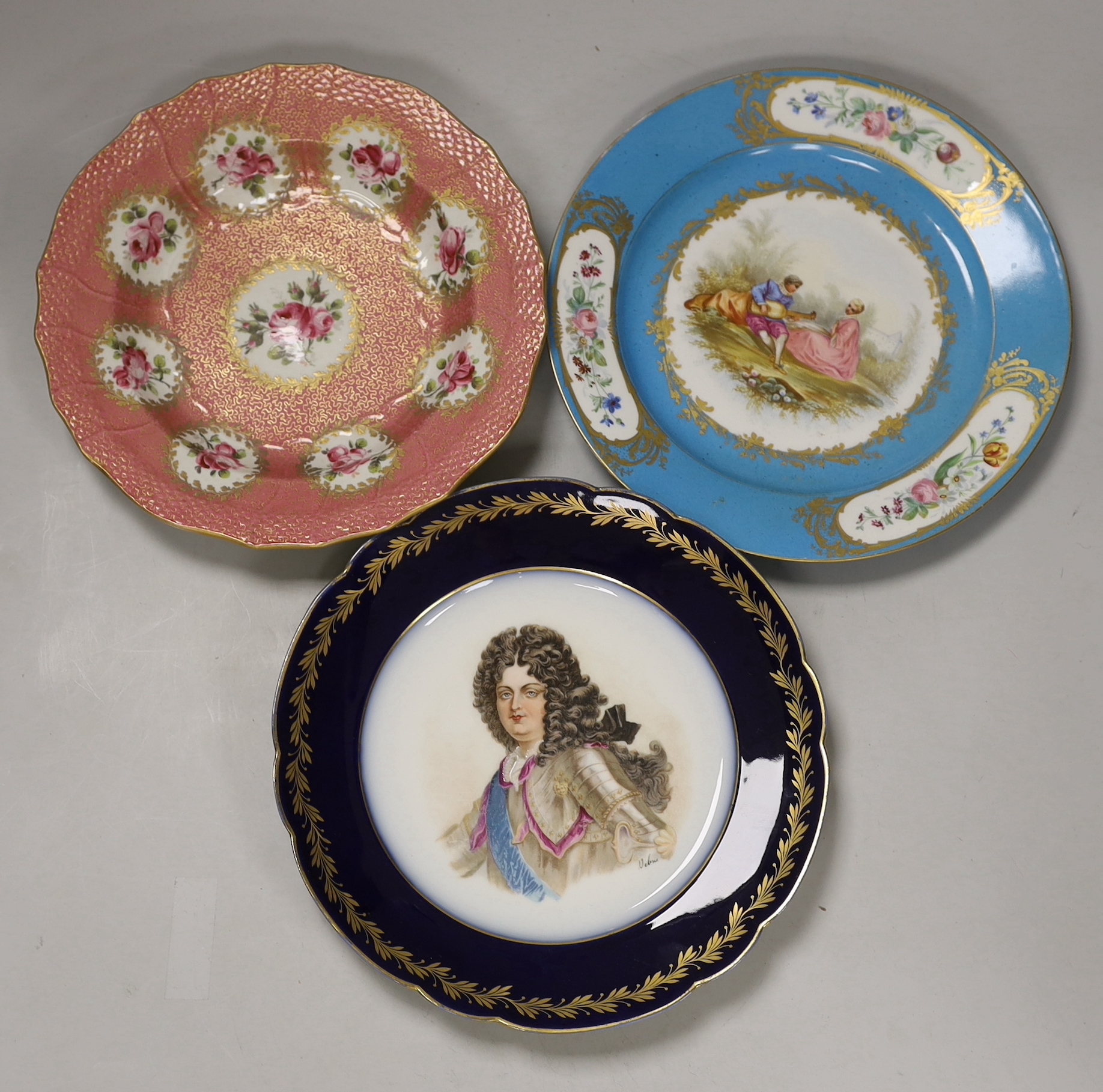 Five 19th century Sevres style porcelain plates or dishes, largest 24cm